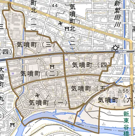 気噴町とその周辺の地図。町の範囲を重ねている