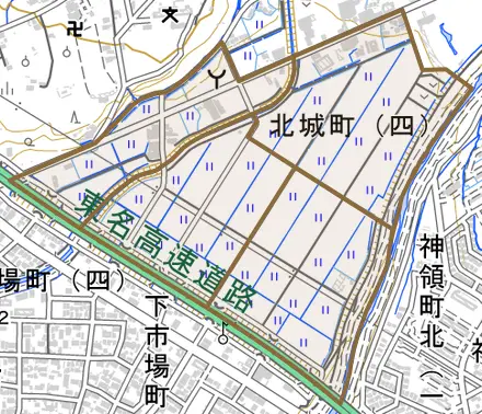 北城町とその周辺の地図。町の範囲を重ねている