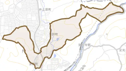 木附町とその周辺の地図。町の範囲を重ねている