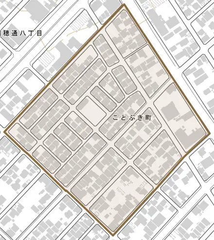 ことぶき町とその周辺の地図。町の範囲を重ねている