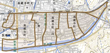 高蔵寺町とその周辺の地図。町の範囲を重ねている