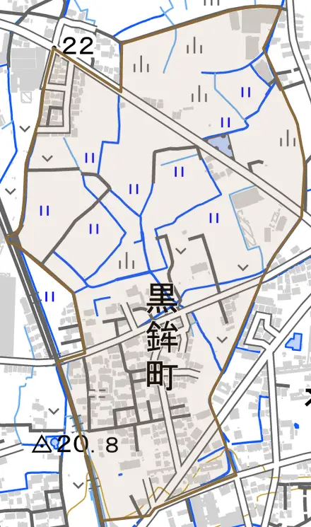 黒鉾町とその周辺の地図。町の範囲を重ねている