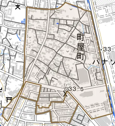 町屋町とその周辺の地図。町の範囲を重ねている