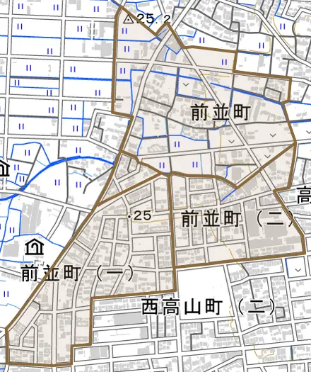 前並町とその周辺の地図。町の範囲を重ねている