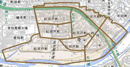 松河戸町とその周辺の地図。町の範囲を重ねている