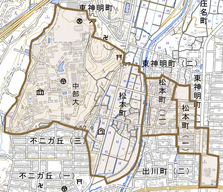 松本町とその周辺の地図。町の範囲を重ねている