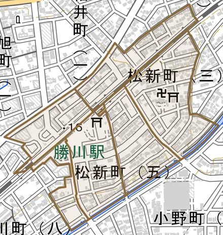 松新町とその周辺の地図。町の範囲を重ねている