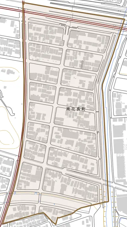 南花長町とその周辺の地図。町の範囲を重ねている