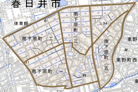 南下原町とその周辺の地図。町の範囲を重ねている