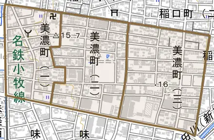 美濃町とその周辺の地図。町の範囲を重ねている