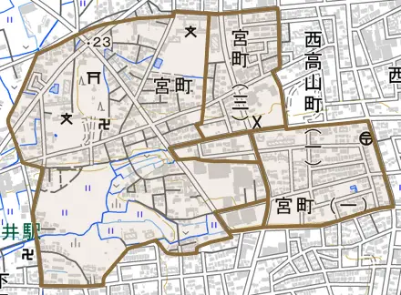 宮町とその周辺の地図。町の範囲を重ねている