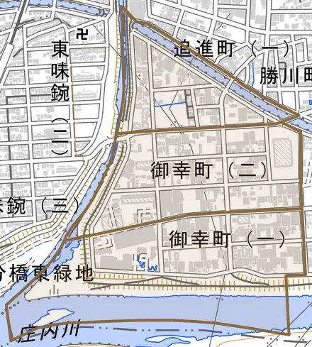 御幸町とその周辺の地図。町の範囲を重ねている
