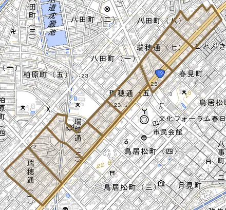 瑞穂通とその周辺の地図。町の範囲を重ねている