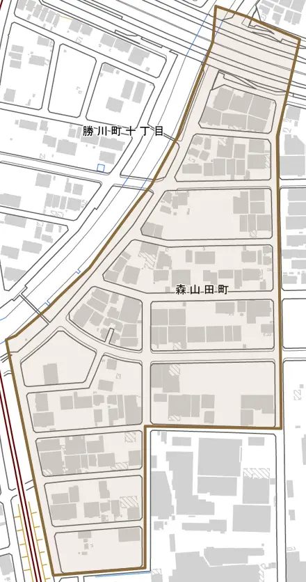 森山田町とその周辺の地図。町の範囲を重ねている