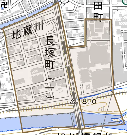 長塚町とその周辺の地図。町の範囲を重ねている