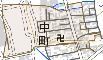 中町とその周辺の地図。町の範囲を重ねている