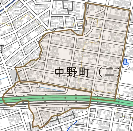 中野町とその周辺の地図。町の範囲を重ねている