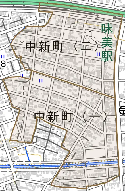 中新町とその周辺の地図。町の範囲を重ねている