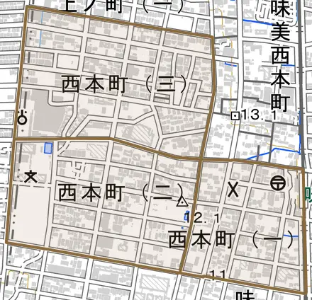 西本町とその周辺の地図。町の範囲を重ねている