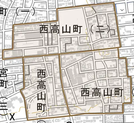 西高山町とその周辺の地図。町の範囲を重ねている
