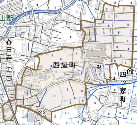 西屋町とその周辺の地図。町の範囲を重ねている