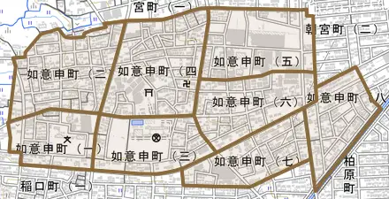 如意申町とその周辺の地図。町の範囲を重ねている