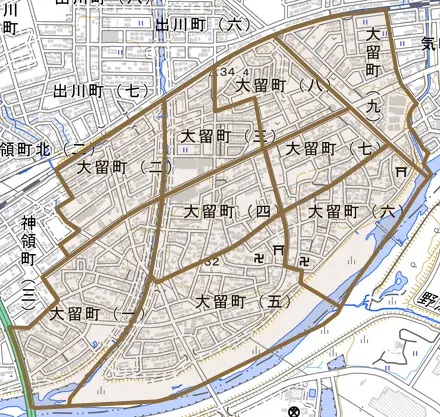 大留町とその周辺の地図。町の範囲を重ねている
