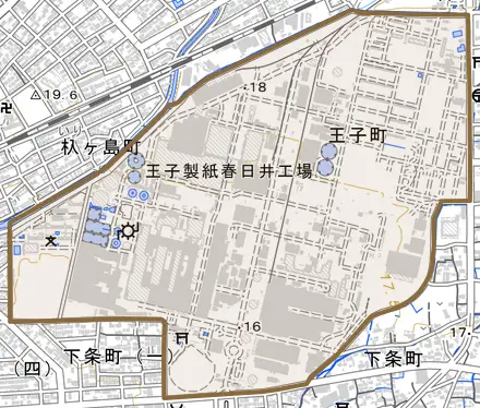 王子町とその周辺の地図。町の範囲を重ねている