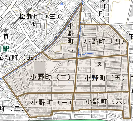 小野町とその周辺の地図。町の範囲を重ねている