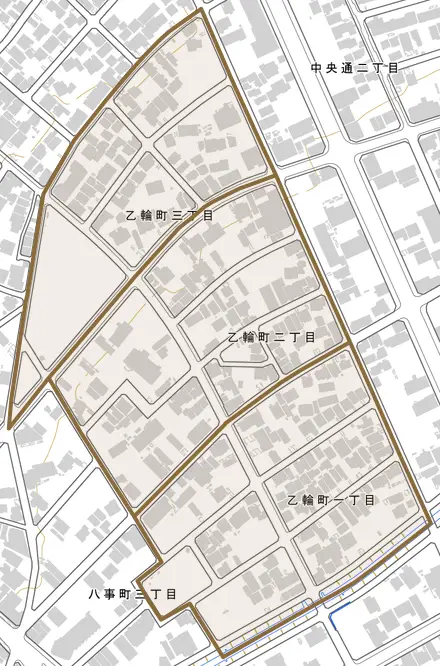 乙輪町とその周辺の地図。町の範囲を重ねている