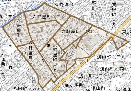 六軒屋町とその周辺の地図。町の範囲を重ねている