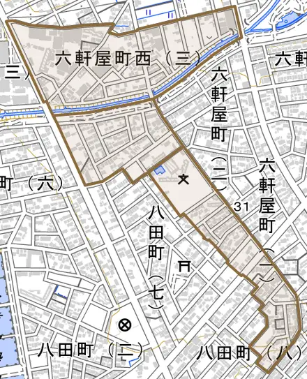 六軒屋町西とその周辺の地図。町の範囲を重ねている