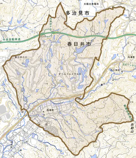 西尾町とその周辺の地図。町の範囲を重ねている