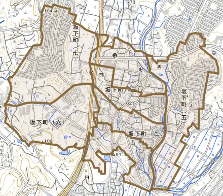 坂下町とその周辺の地図。町の範囲を重ねている