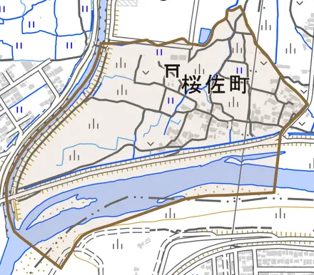 桜佐町とその周辺の地図。町の範囲を重ねている
