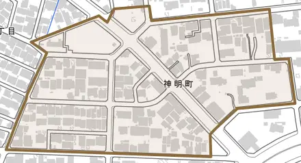 神明町とその周辺の地図。町の範囲を重ねている