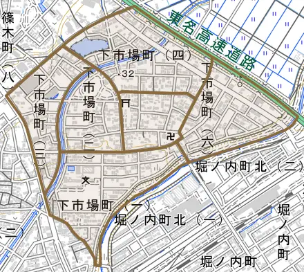 下市場町とその周辺の地図。町の範囲を重ねている