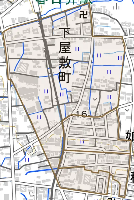 下屋敷町とその周辺の地図。町の範囲を重ねている