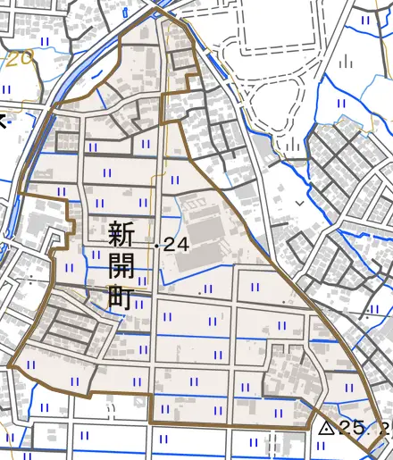 新開町とその周辺の地図。町の範囲を重ねている