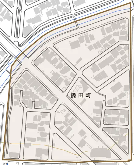 篠田町とその周辺の地図。町の範囲を重ねている