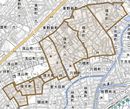 篠木町とその周辺の地図。町の範囲を重ねている