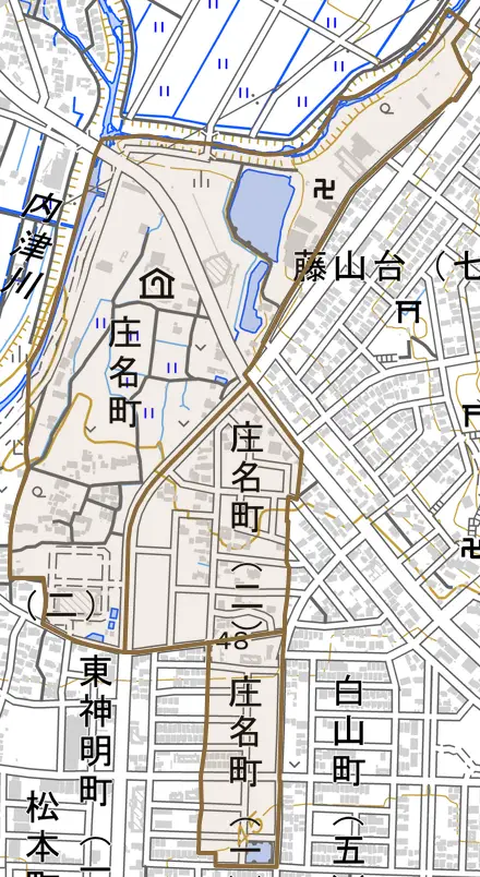 庄名町とその周辺の地図。町の範囲を重ねている