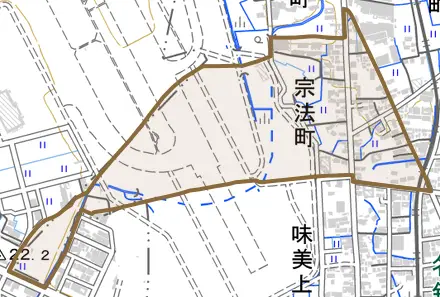 宗法町とその周辺の地図。町の範囲を重ねている