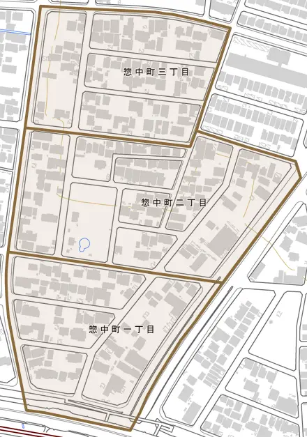 惣中町とその周辺の地図。町の範囲を重ねている