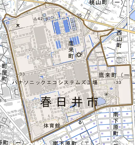 鷹来町とその周辺の地図。町の範囲を重ねている