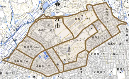 高森台とその周辺の地図。町の範囲を重ねている
