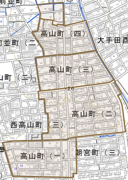 高山町とその周辺の地図。町の範囲を重ねている
