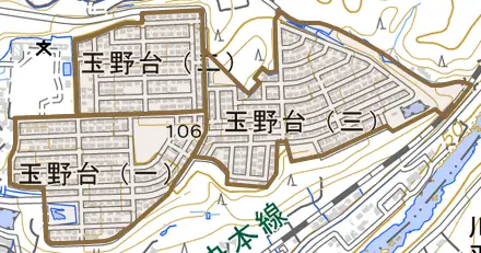 玉野台とその周辺の地図。町の範囲を重ねている