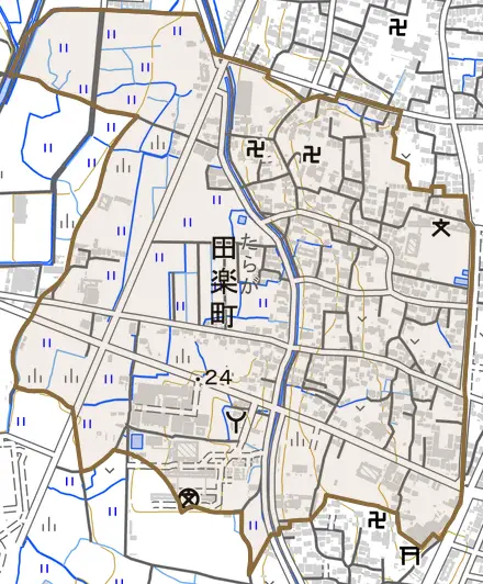 田楽町とその周辺の地図。町の範囲を重ねている