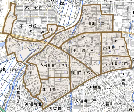 出川町とその周辺の地図。町の範囲を重ねている